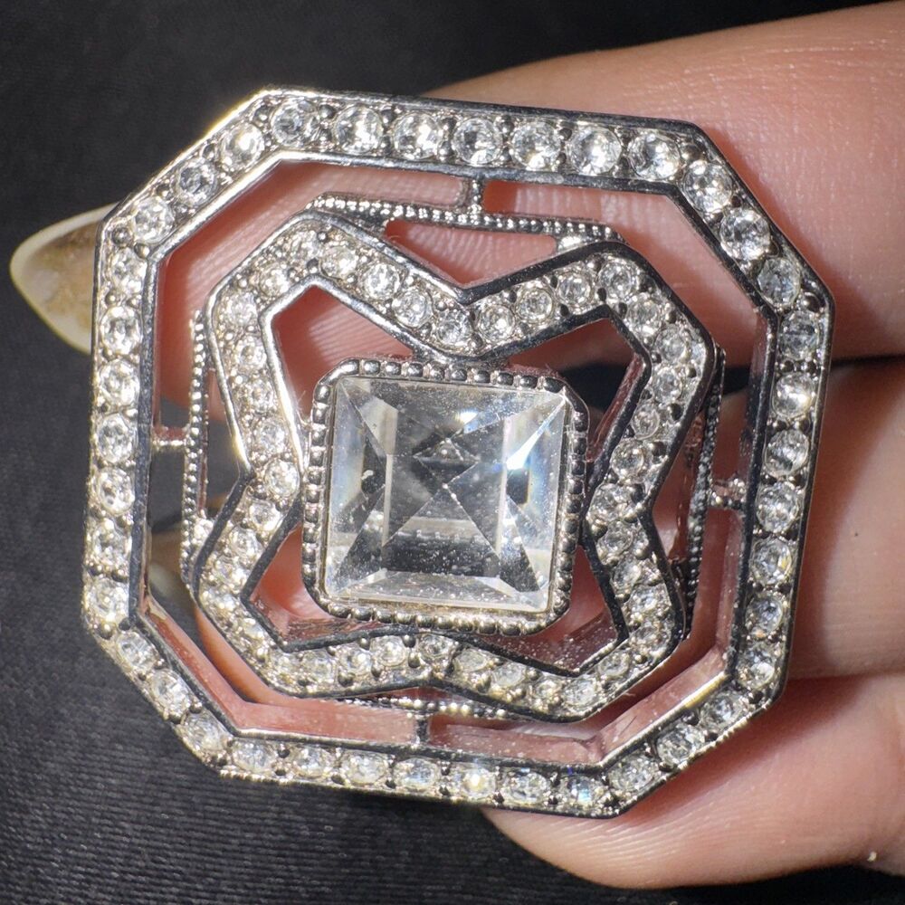 Vintage Givenchy Silver Tone Octagon Rhinestone Clip-On Earrings Deco Geometric